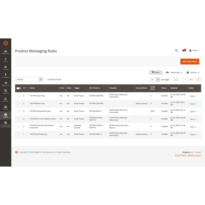 Product Messaging - admin rule grid