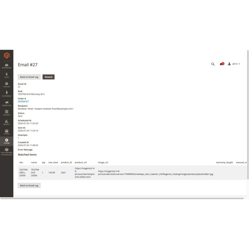 Product Messaging - email log detail