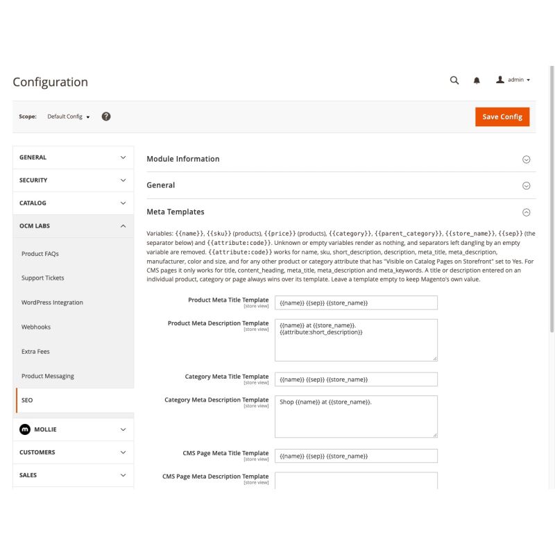 SEO settings in Stores > Configuration > OCM Labs, showing the meta templates