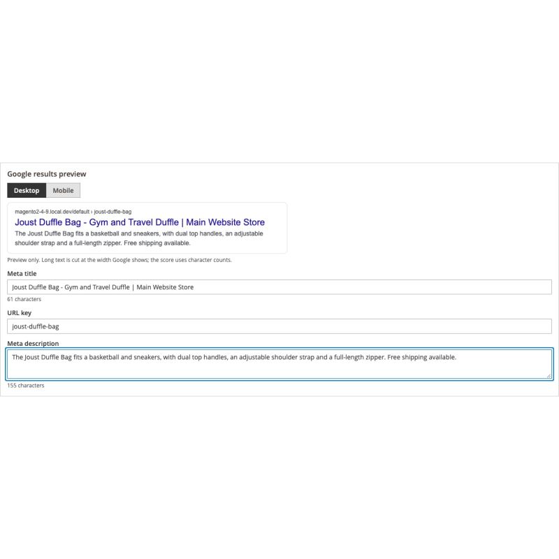 Google results preview with desktop and mobile toggle and editable meta title, URL key and meta description