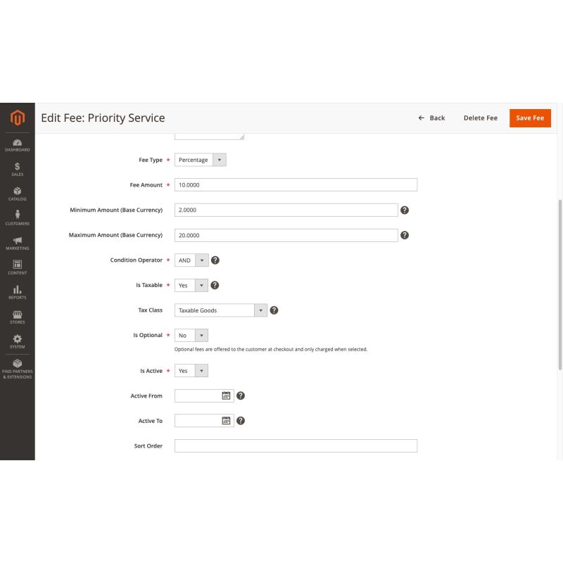 Fee edit form with tax class, caps, schedule, and store scoping