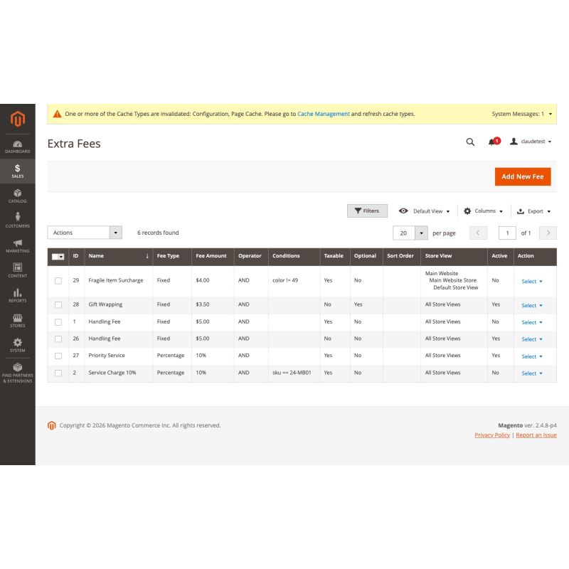 Fee grid with type, amount, conditions, store view, and optional columns