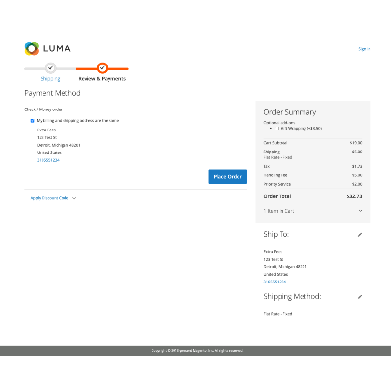Checkout order summary with three fee lines