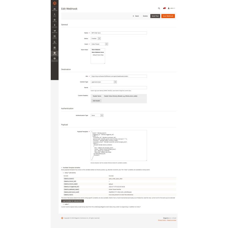 Webhook edit form with template variables